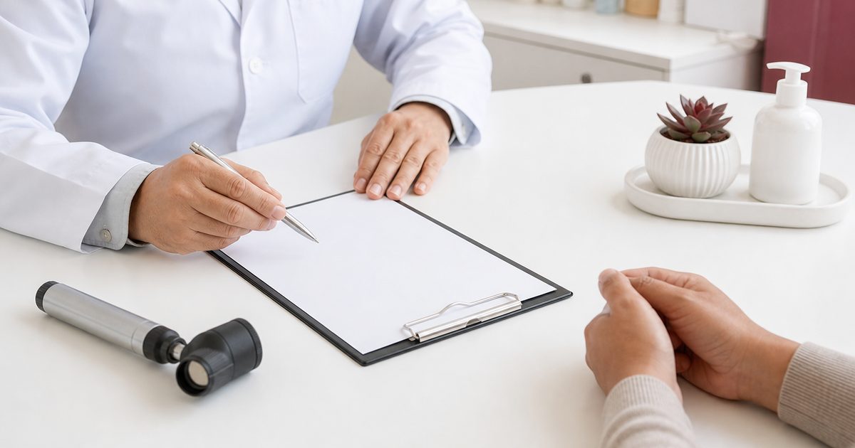 Consultation desk with clipboard and dermatoscope