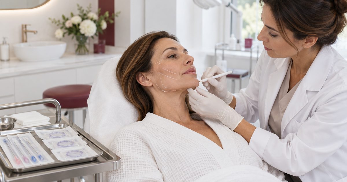 Doctor marking lift lines on a patient’s cheek and jawline before PDO thread placement