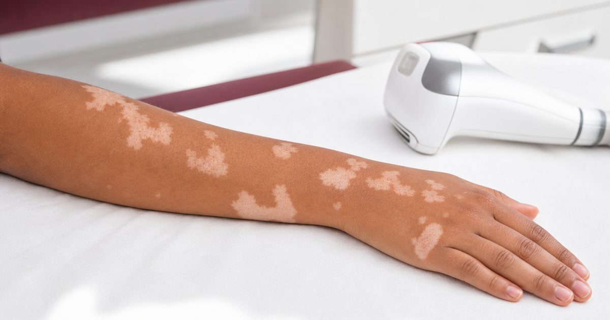 Vitiligo patches on a forearm beside a handheld light device
