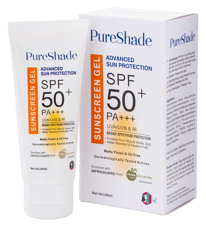 PureShade SPF 50+ sunscreen gel tube and box